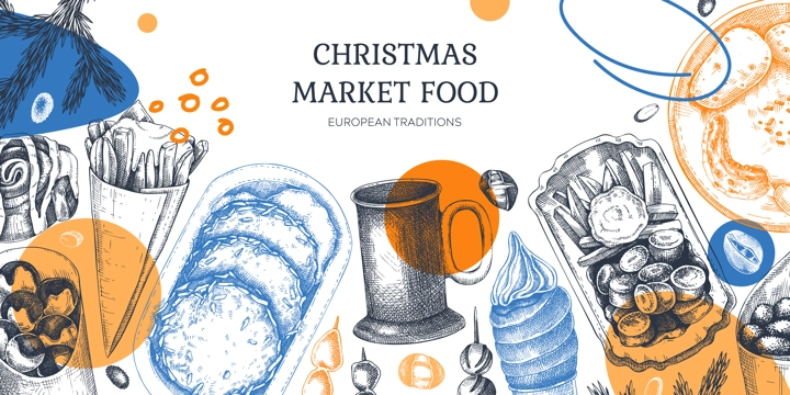 Traditional European Christmas market food background. Collage style fast food menu design. hand-drawn vector illustration. Mulled wine, potato pancakes, French fries, pastries, raclette sketches.